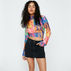 NASTY GAL Kitsch Postcard Mesh Cropped Top, Multicolored, Size 14, NWT